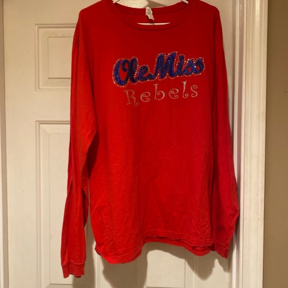 Ole Miss Rebels Bedazzled Red Women’s Long Sleeve XL (Anvil Tag) T-Shirt